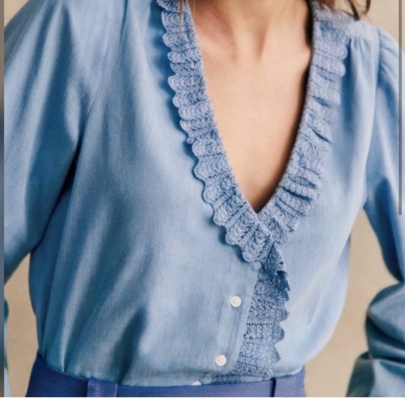 Sezane Rosine Long Sleeve Denim Chambray Lace Trim Cotton Blouse 36 US 4 - Picture 4 of 15
